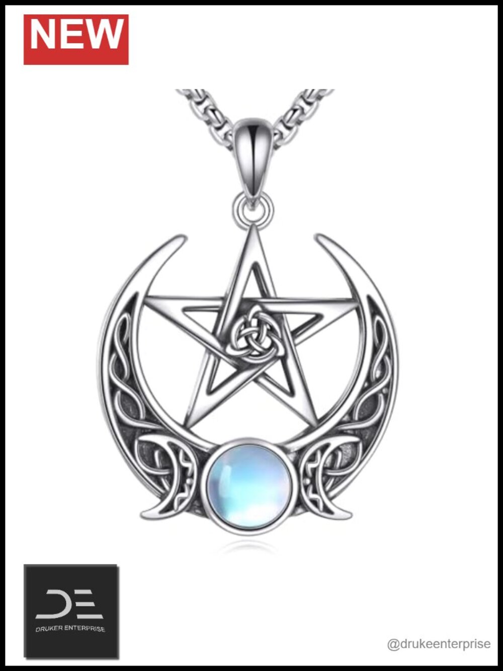 925 Sterling Silver Pentagram Triple Moon Pendant Necklace Witchy Jewelry Gift